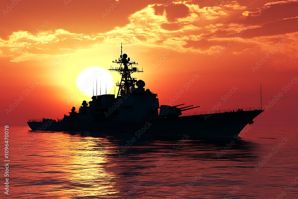 A naval ship silhouetted against a vibrant sunset over calm waters. A naval ship silhouetted against a vibrant sunset over calm waters.