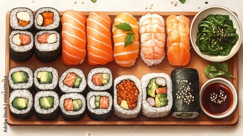 A Vibrant Array of Sushi Rolls, A Culinary Masterpiece A Vibrant Array of Sushi Rolls, A Culinary Masterpiece