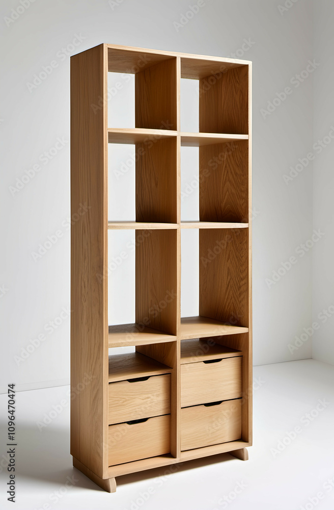Fototapeta premium A freestanding bookshelf with alternating open and closed compartments, crafted in oak wood, positioned on a white background.
