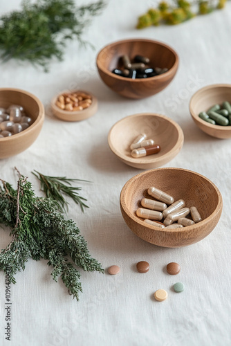Wallpaper Mural a herbal capsules in a wood bowl on a white table for using medical purpose generated by AI Torontodigital.ca