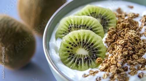 Close-up of yogurt parfait with kiwi and granola. photo