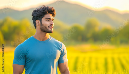 young indian muscular man in a blue t-shirt posing on the street