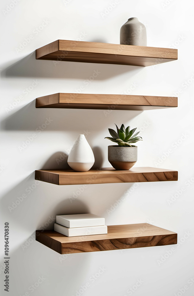 A set of three minimalist floating shelves in varying lengths, made of natural wood, displayed on a white background. A set of three minimalist floating shelves in varying lengths, made of natural wood, displayed on a white background.