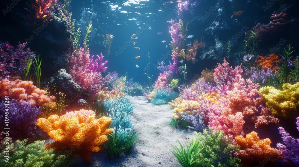 Naklejka premium Vibrant Coral Reef Underwater Scene With Colorful Fish