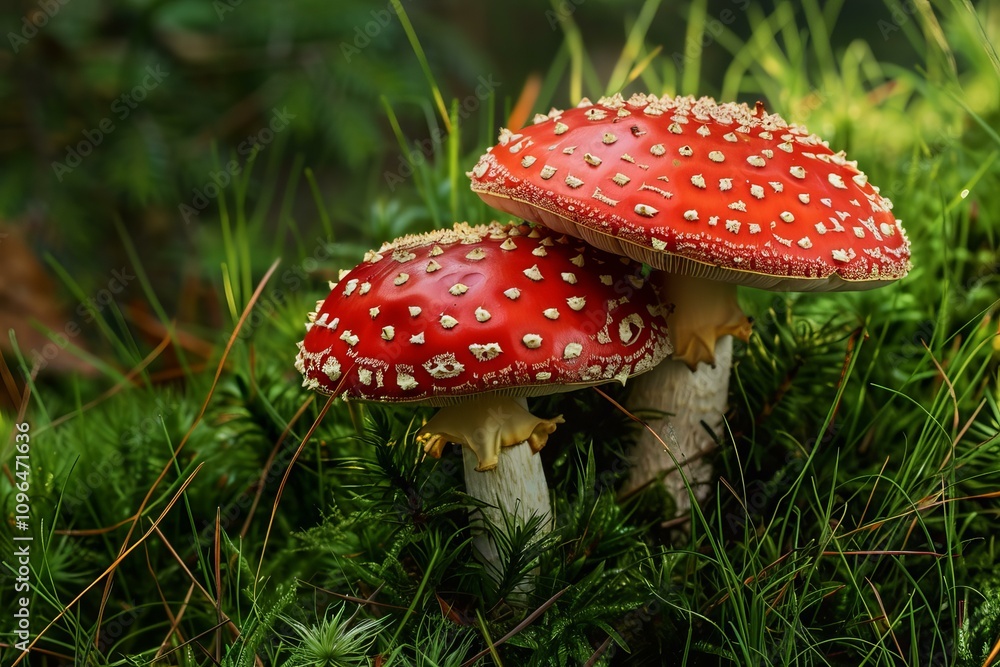 Two eye catching red and white spotted fly agaric mushrooms thrive in a bed of vivid green grass, creating a captivating natural scene Two eye catching red and white spotted fly agaric mushrooms thrive in a bed of vivid green grass, creating a captivating natural scene