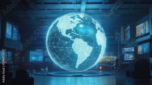 Dynamic holographic globe showcasing real-time global data flows powered by AI Creative rendering of interconnected networks in a futuristic environment