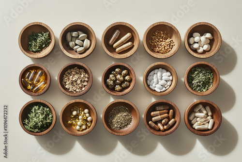 a herbal capsules in a wood bowl on a white table for using medical purpose generated by AI