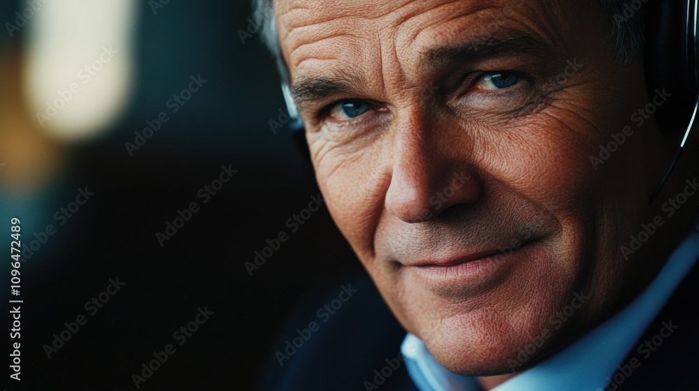 A middle-aged man with a smile, wearing a headset, representing a professional context like customer service or telecommunications. A middle-aged man with a smile, wearing a headset, representing a professional context like customer service or telecommunications.