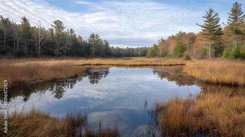 Serene landscape with calm waters reflecting trees and autumn foliage.