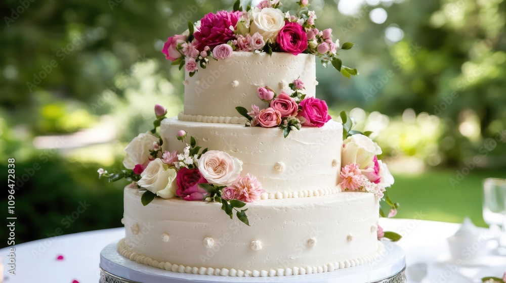 Elegant three-tiered wedding cake adorned with fresh flowers on a clean background Elegant three-tiered wedding cake adorned with fresh flowers on a clean background