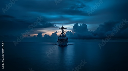 A naval ship navigating through calm waters under a dramatic twilight sky.