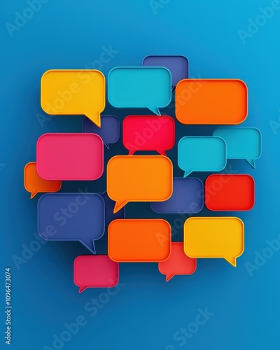 A vibrant collage of colorful speech bubbles against a blue background, representing communication and dialogue.