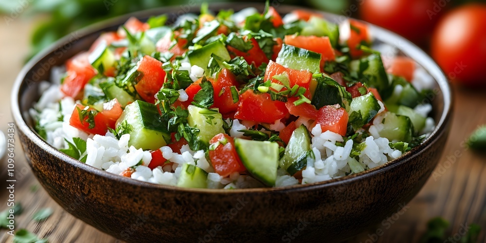 Fresh tomato, cucumber, and parsley salad served over a bed of fluffy rice. Fresh tomato, cucumber, and parsley salad served over a bed of fluffy rice.