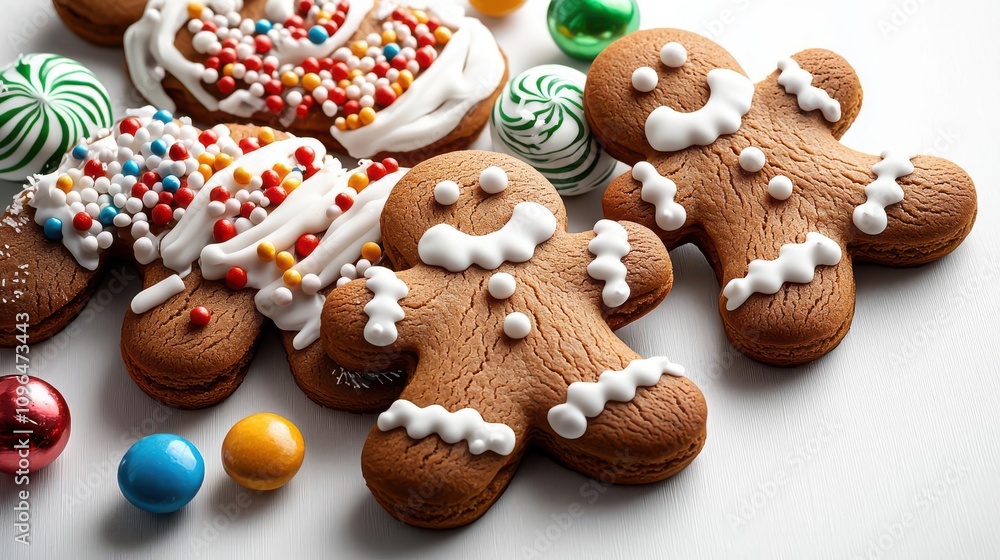 A delightful arrangement of gingerbread cookies, decorated with icing and sprinkles, perfect for festive occasions and holiday treats. A delightful arrangement of gingerbread cookies, decorated with icing and sprinkles, perfect for festive occasions and holiday treats.