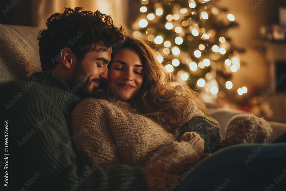 Couple Enjoying a Cozy Christmas Evening Together by the Fireplace With a Beautifully Lit Tree in the Background