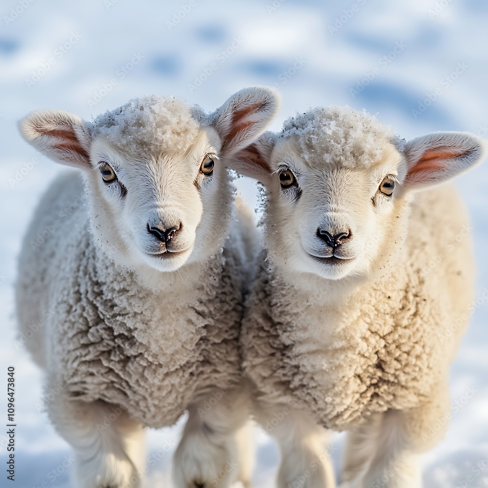 Gentle lamb resting peacefully amidst a serene snowy landscape. Gentle lamb resting peacefully amidst a serene snowy landscape.