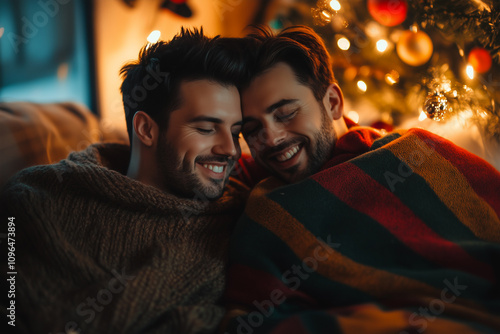Cuddling Couple Shares Warmth and Affection During a Cozy Holiday Evening by the Decorated Tree