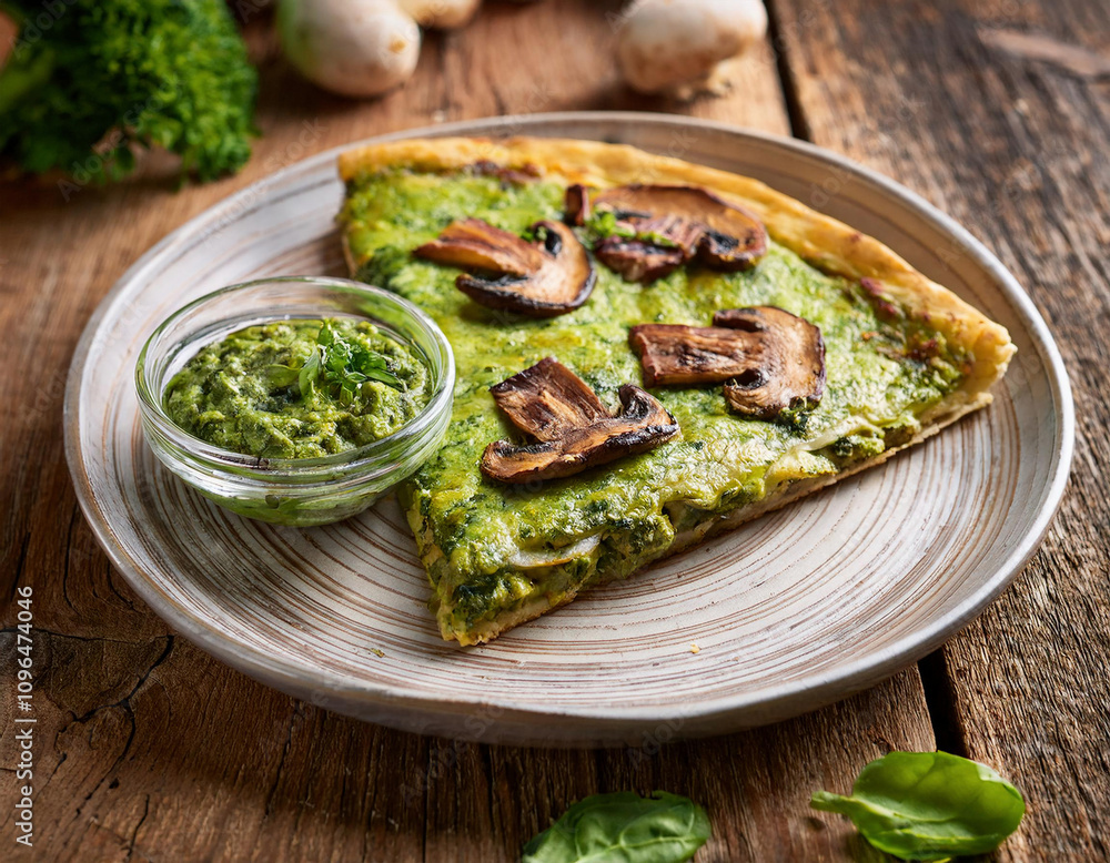 A slice of pesto and mushroom pizza is served on a ceramic plate alongside a small jar of extra pesto sauce on a wooden surface. A slice of pesto and mushroom pizza is served on a ceramic plate alongside a small jar of extra pesto sauce on a wooden surface.