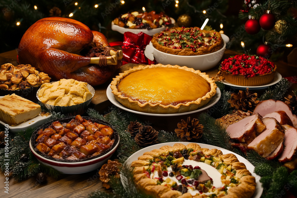 Festive Feast Featuring a Bountiful Spread of Traditional Holiday Dishes and Desserts