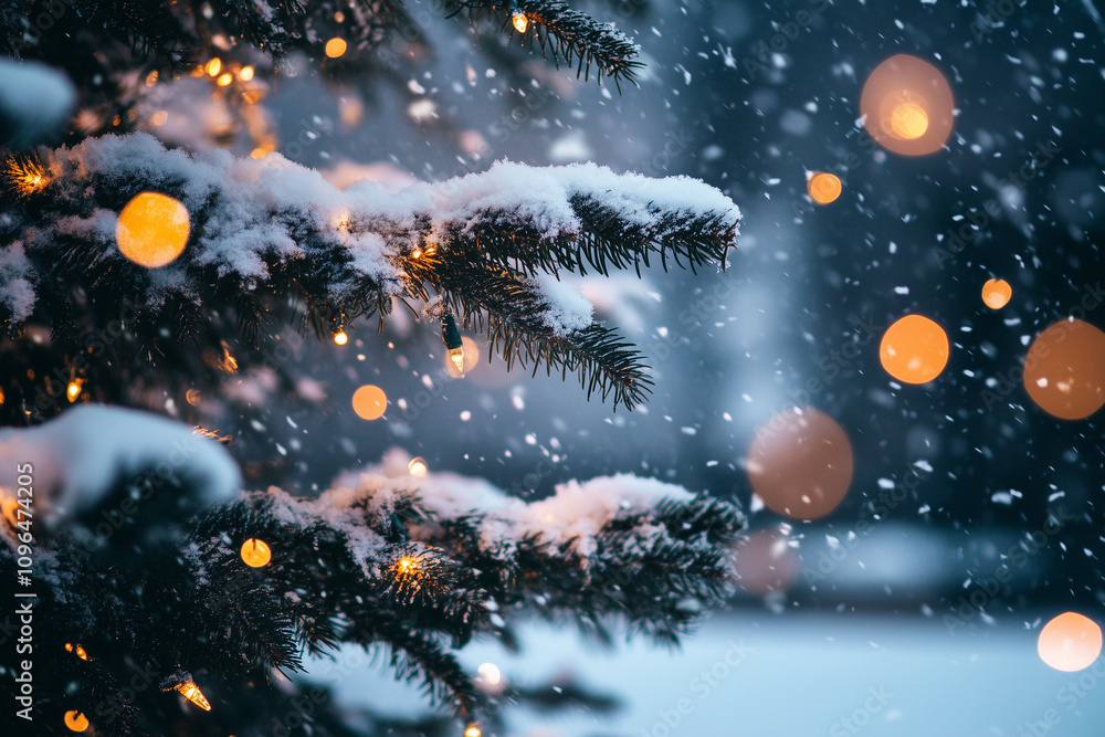 Snowflakes Fall Gently on a Beautifully Lit Christmas Tree Adorned With Sparkling Orbs at Dusk in a Winter Wonderland