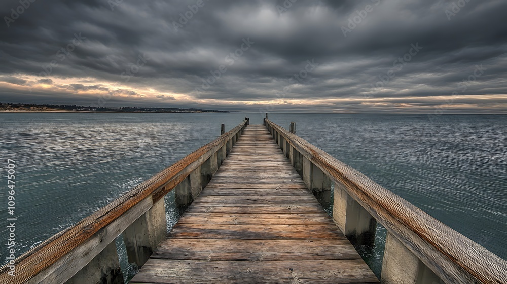 A serene wooden pier extending into a calm sea under a dramatic cloudy sky. A serene wooden pier extending into a calm sea under a dramatic cloudy sky.