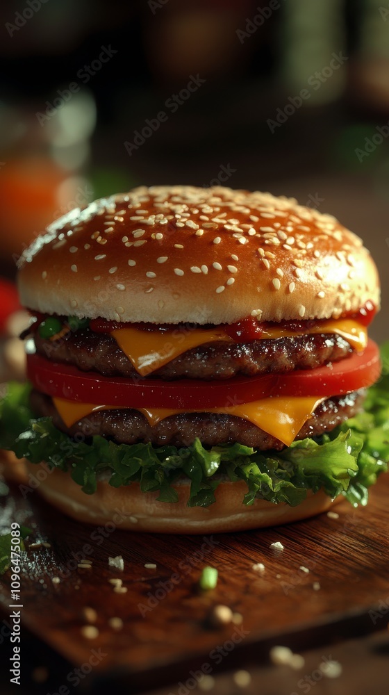 Scrumptious Double Cheeseburger with Melted Cheese and Fresh Toppings Scrumptious Double Cheeseburger with Melted Cheese and Fresh Toppings