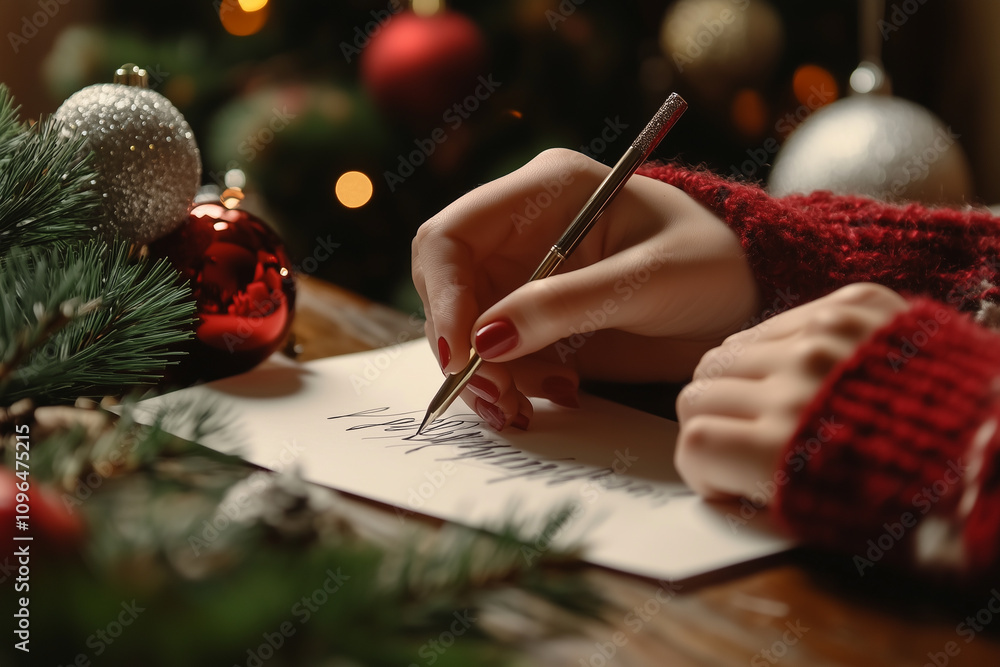 Handwriting Heartfelt Christmas Wishes by Twinkling Lights and Festive Decorations in a Cozy Winter Setting