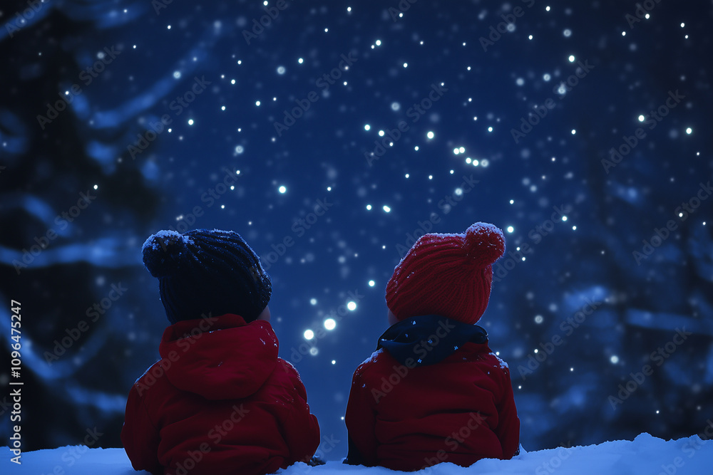 Captivated by the Winter Sky, Two Children Immerse Themselves in the Magic of a Snowy Christmas Night Filled With Starlight