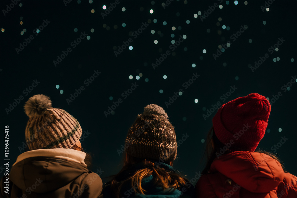 Beneath the Starry Sky, Three Friends Admire the Wonders of the Night During a Cozy Christmas Celebration