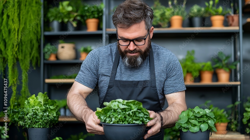 Engaging Chef Preparing Fresh Ingredients in a Vibrant Kitchen Surrounded by Lush Greenery and Potted Herbs for Culinary Delights Engaging Chef Preparing Fresh Ingredients in a Vibrant Kitchen Surrounded by Lush Greenery and Potted Herbs for Culinary Delights