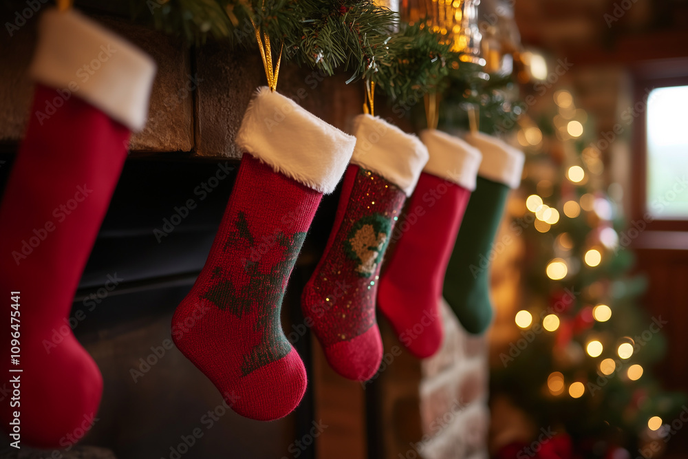 Holiday Socks Display Cheerfully Hanging Over a Cozy Fireplace, Welcoming Festive Joy and Warmth to the Home Atmosphere