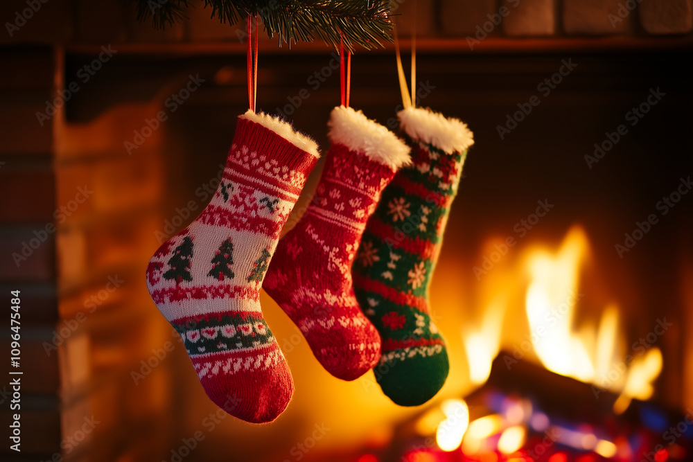 Festive Holiday Socks Hang Over a Warm Fireplace, Radiating Cozy Cheer and Seasonal Spirit for All to Admire