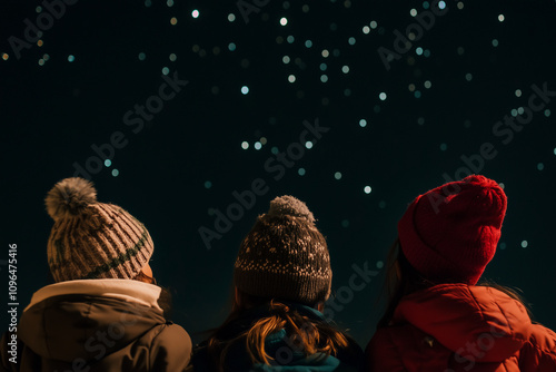 Obraz na płótnie Beneath the Starry Sky, Three Friends Admire the Wonders of the Night During a Cozy Christmas Celebration w salonie