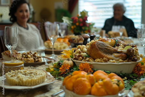 Obraz na płótnie Heartwarming Thanksgiving Celebration With a Bountiful Feast Surrounded by Friends and Family at a Cozy Home w salonie