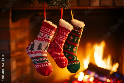 Obraz na płótnie Festive Holiday Socks Hang Over a Warm Fireplace, Radiating Cozy Cheer and Seasonal Spirit for All to Admire w salonie
