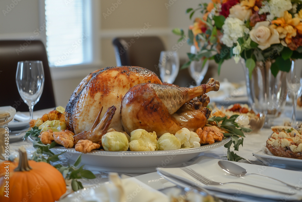 Delicious Thanksgiving Feast Featuring a Beautifully Roasted Turkey and Festive Table Decorations