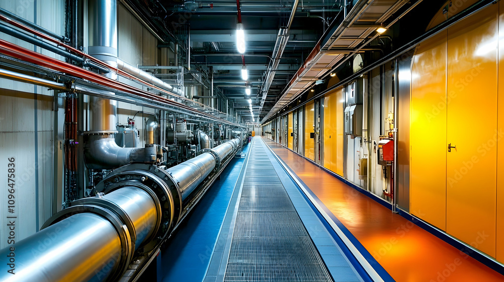 Industrial Corridor with Metal Pipes and Yellow Doors Industrial Corridor with Metal Pipes and Yellow Doors