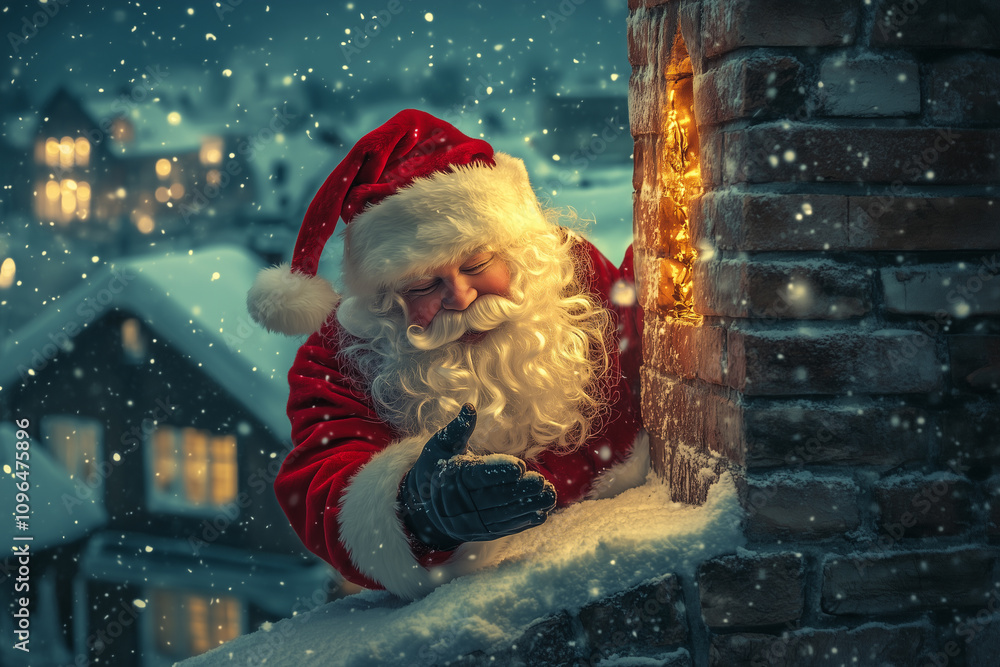 Charming Santa Claus Preparing to Deliver Gifts Through the Chimney on a Snowy Christmas Eve in a Cozy Neighborhood