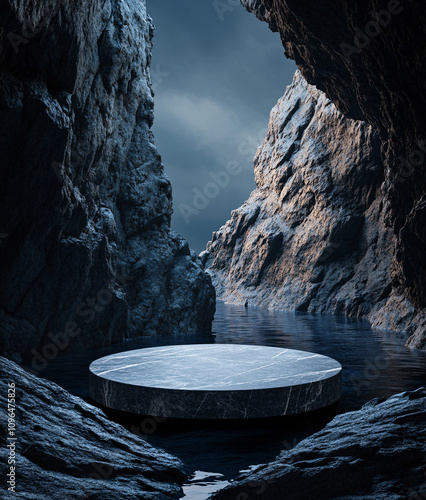 Wallpaper Mural Black stone podium for luxury product placement. Rock granite pedestal stage background. Natural material scene. Minimal luxury aesthetic.
 Torontodigital.ca