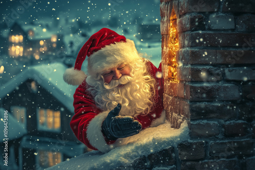 Obraz na płótnie Charming Santa Claus Preparing to Deliver Gifts Through the Chimney on a Snowy Christmas Eve in a Cozy Neighborhood w salonie