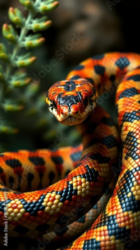 Colorful nonvenomous snake resting among foliage in a natural habitat