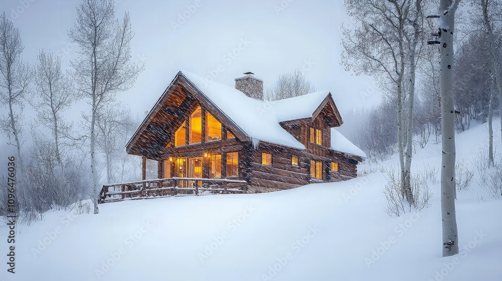 Cozy log cabin nestled in snowy woods, illuminated windows, winter wonderland. Cozy log cabin nestled in snowy woods, illuminated windows, winter wonderland.