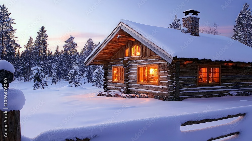 Cozy log cabin nestled in a snowy winter wonderland at twilight. Warm interior light glows through windows. Cozy log cabin nestled in a snowy winter wonderland at twilight. Warm interior light glows through windows.
