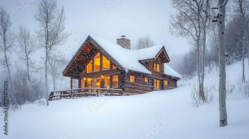 Cozy log cabin nestled in snowy woods, illuminated windows, winter wonderland.