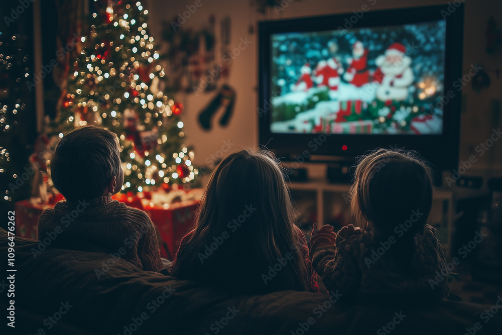 Cozy Winter Evening With Children Watching a Festive Holiday Movie by the Christmas Tree