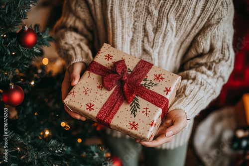 Surprise Present Brings Joy During a Festive Gathering by the Christmas Tree in a Cozy Living Room