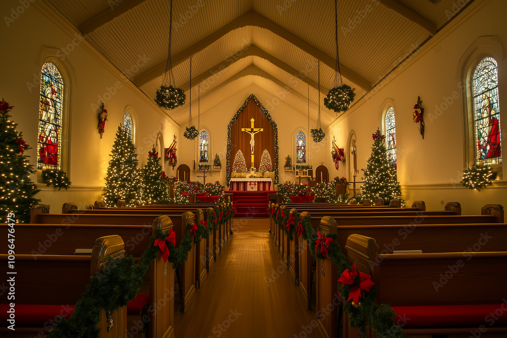 Church Adorned With Beautiful Decorations and Festive Lights for the Holiday Celebration in a Serene Atmosphere