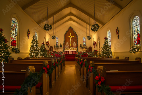 Obraz na płótnie Church Adorned With Beautiful Decorations and Festive Lights for the Holiday Celebration in a Serene Atmosphere w salonie