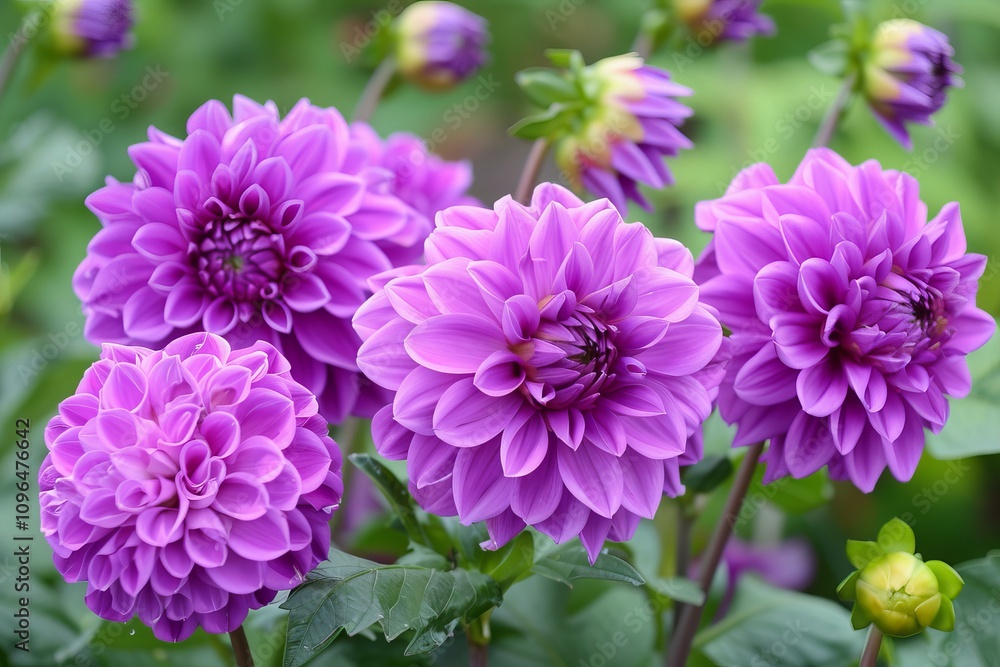 Purple dahlia flowers are blooming in a vibrant garden setting Purple dahlia flowers are blooming in a vibrant garden setting