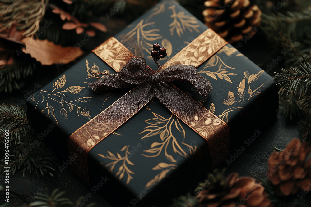 Delightful Gift Wrapped in Elegant Black and Gold Design Rests Among Autumn Foliage and Pinecones